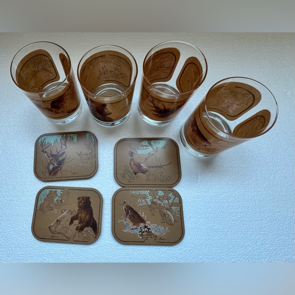 Vintage Wildlife Print Glass Set with Coasters